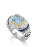 Azzurro Regent emerald-cut Aquamarine sapphire and diamond cocktail ring setting in yellow and white gold, 45-degree view | SARATTI