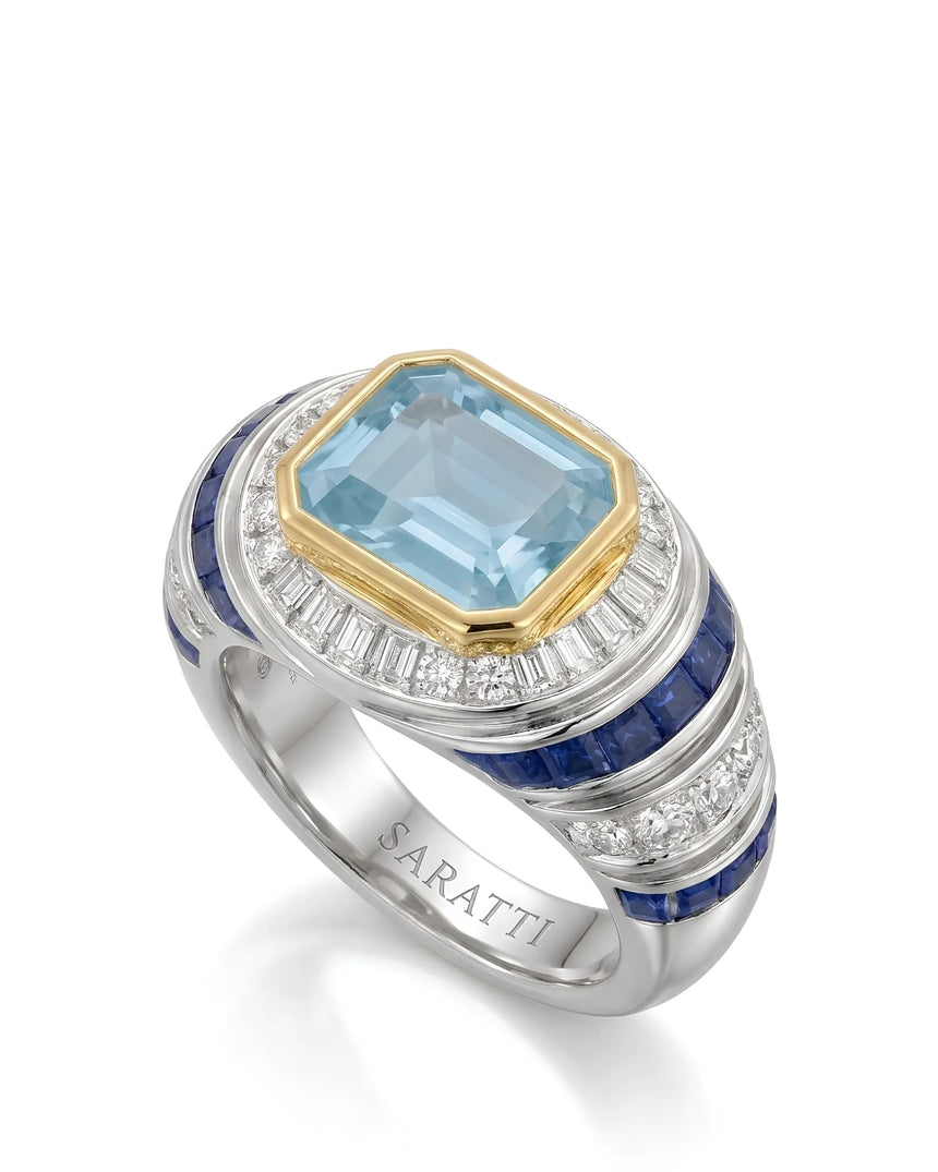 Azzurro Regent emerald-cut Aquamarine sapphire and diamond cocktail ring setting in yellow and white gold, 45-degree view | SARATTI