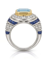 Azzurro Regent emerald-cut Aquamarine cocktail ring setting in yellow and white gold, side profile showing layered sapphire and diamond shoulders | SARATTI