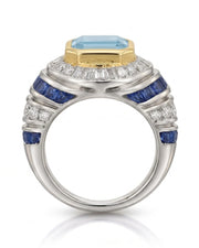 Azzurro Regent emerald-cut Aquamarine cocktail ring setting in yellow and white gold, side profile showing layered sapphire and diamond shoulders | SARATTI
