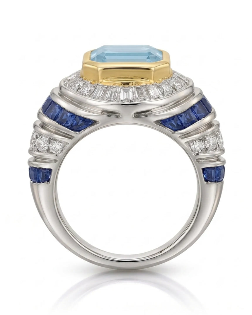 Azzurro Regent emerald-cut Aquamarine cocktail ring setting in yellow and white gold, side profile showing layered sapphire and diamond shoulders | SARATTI