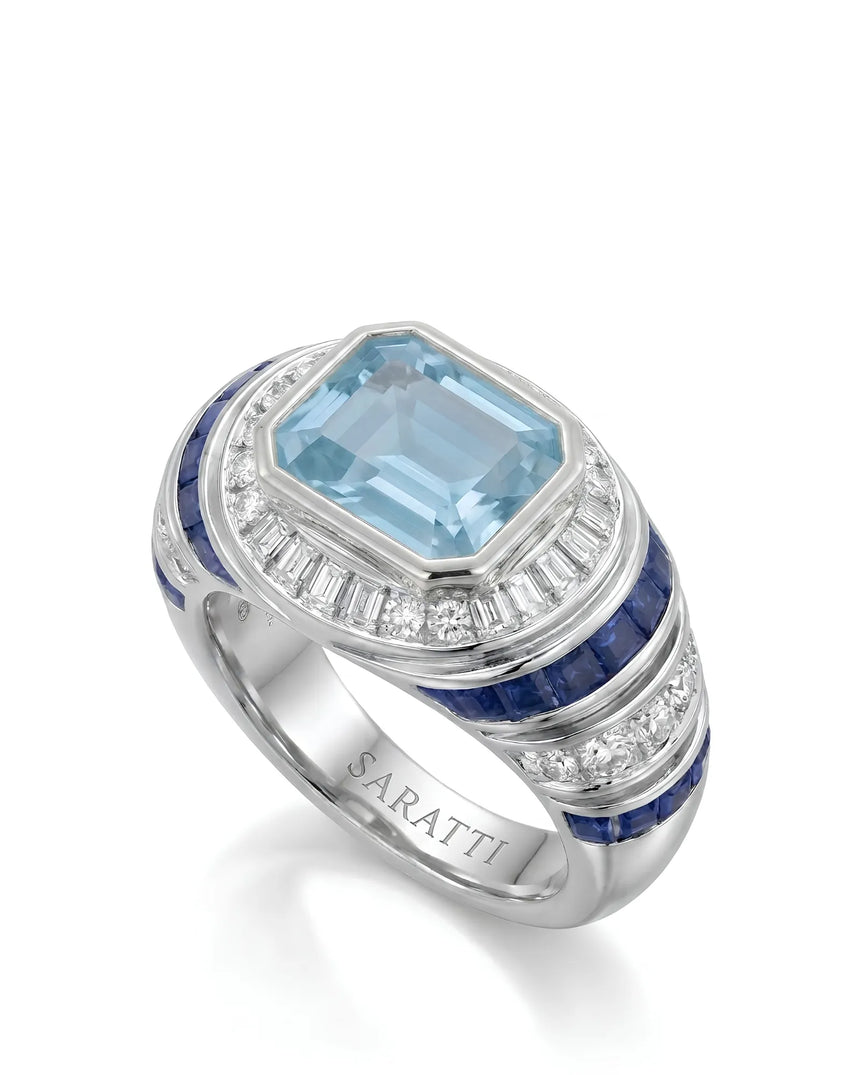 Azzurro Regent emerald-cut Aquamarine sapphire and diamond cocktail ring setting in white gold, 45-degree view | SARATTI