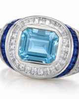 Azzurro Regent emerald-cut Aquamarine cocktail ring setting in white gold, close-up of baguette diamonds and channel-set blue sapphires | SARATTI