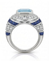Azzurro Regent emerald-cut Aquamarine cocktail ring setting in white gold, side profile showing layered sapphire and diamond shoulders | SARATTI