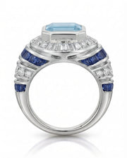 Azzurro Regent emerald-cut Aquamarine cocktail ring setting in white gold, side profile showing layered sapphire and diamond shoulders | SARATTI