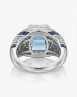 Azzurro Regent emerald-cut Aquamarine cocktail ring setting in white gold, underside showing open geometric gallery and broad shank | SARATTI