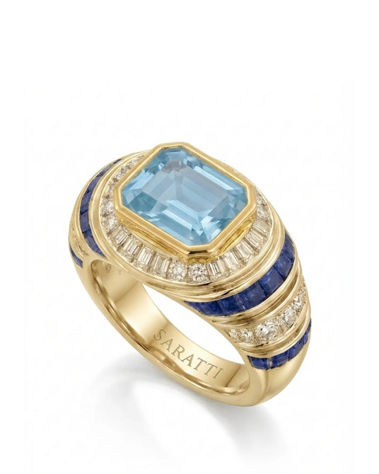 Azzurro Regent emerald-cut Aquamarine sapphire and diamond cocktail ring setting in yellow gold, 45-degree view | SARATTI