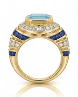 Azzurro Regent emerald-cut Aquamarine cocktail ring setting in yellow gold, side profile showing layered sapphire and diamond shoulders | SARATTI