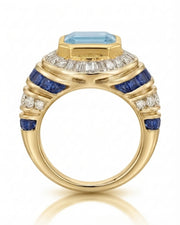 Azzurro Regent emerald-cut Aquamarine cocktail ring setting in yellow gold, side profile showing layered sapphire and diamond shoulders | SARATTI