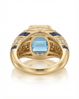 Azzurro Regent emerald-cut Aquamarine cocktail ring setting in yellow gold, underside showing open geometric gallery and broad shank | SARATTI