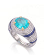 AZZURRO REGENT oval Paraiba tourmaline sapphire and diamond cocktail setting in white gold, three-quarter view | SARATTI