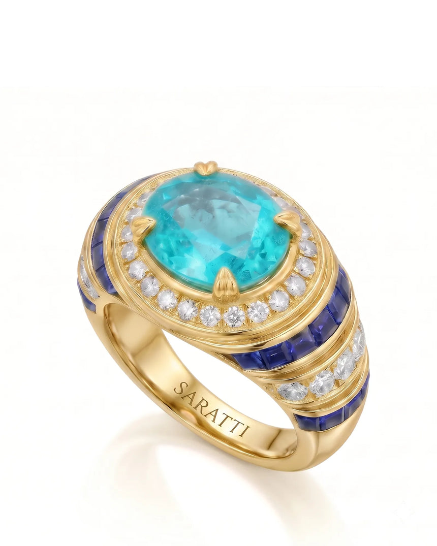 AZZURRO REGENT oval Paraiba tourmaline sapphire and diamond cocktail setting in yellow gold, three-quarter view | SARATTI