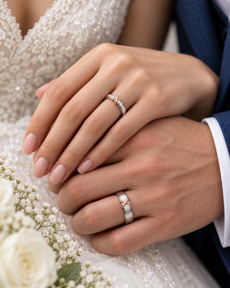 Bacio Two Tone Kiss X natural diamond wedding band set in 18K Rose & White Gold, couple worn view | SARATTI