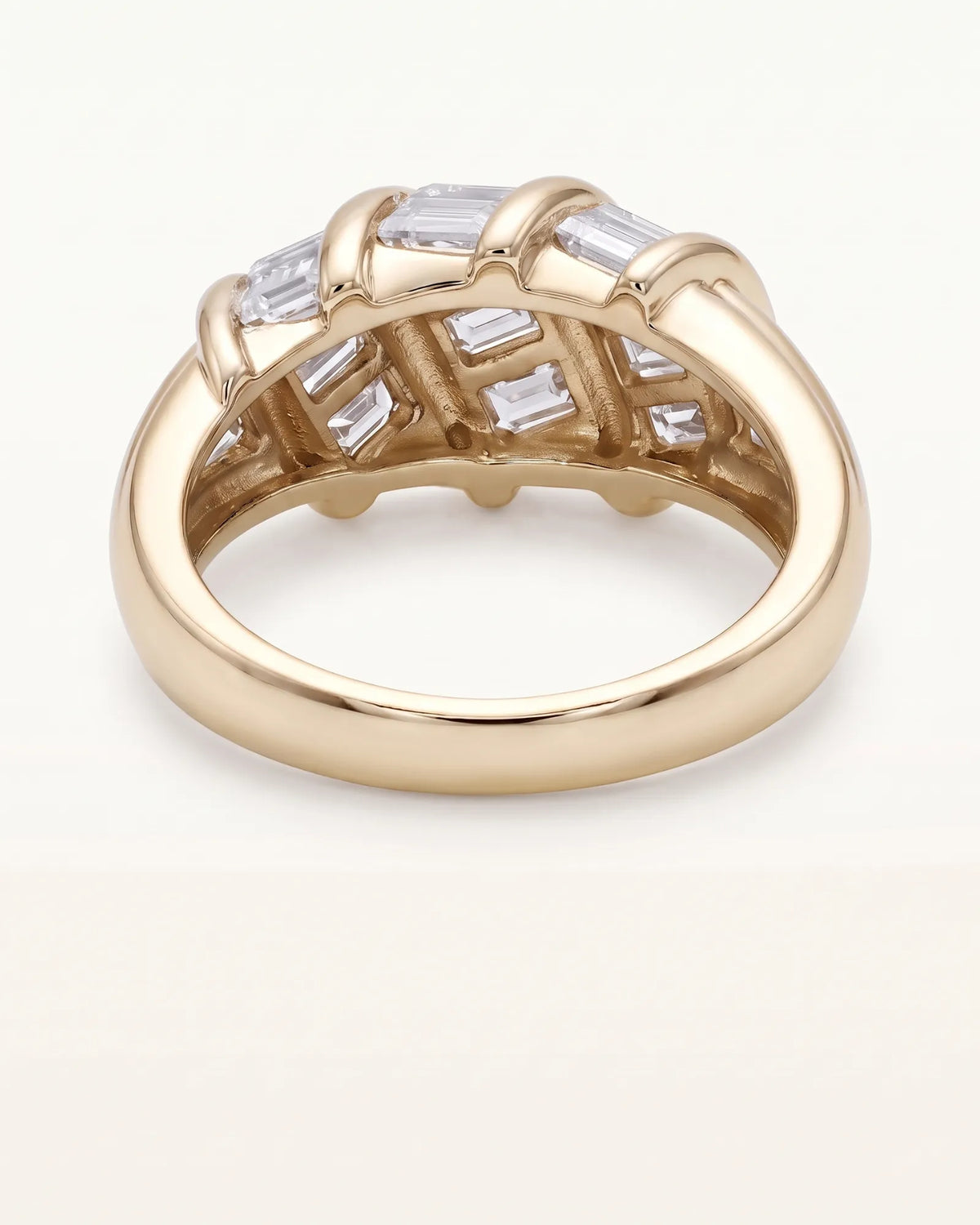 18K yellow gold baguette diamond eternity band, detailed studio view | SARATTI