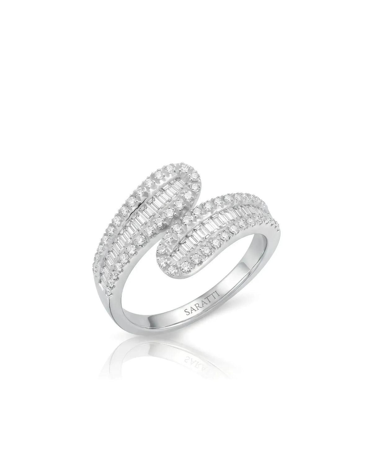 Baguette and round diamond wedding band in 18K white gold with sculptural sweeping diamond-set curves | SARATTI