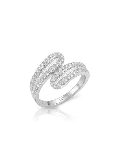 Baguette and round diamond wedding band in 18K white gold with sculptural sweeping diamond-set curves | SARATTI
