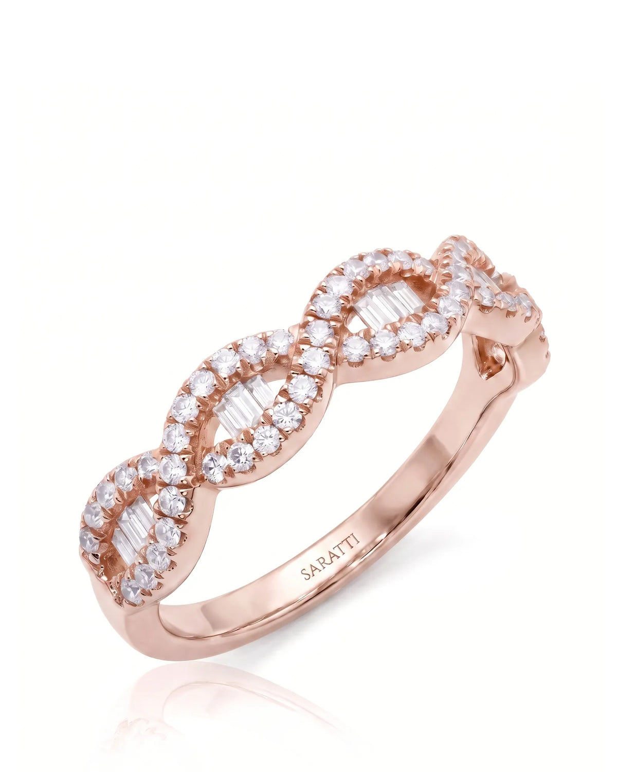 Baguette and round diamond half eternity wedding band in 18K rose gold | SARATTI