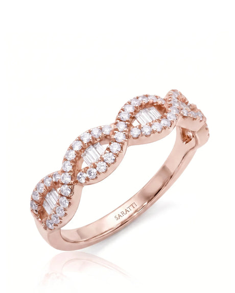 Baguette and round diamond half eternity wedding band in 18K rose gold | SARATTI