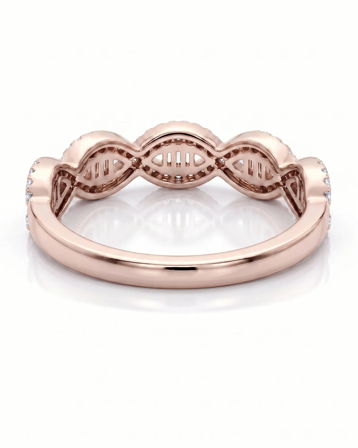 18K rose gold wedding ring with baguette and round brilliant diamonds across the upper band | SARATTI