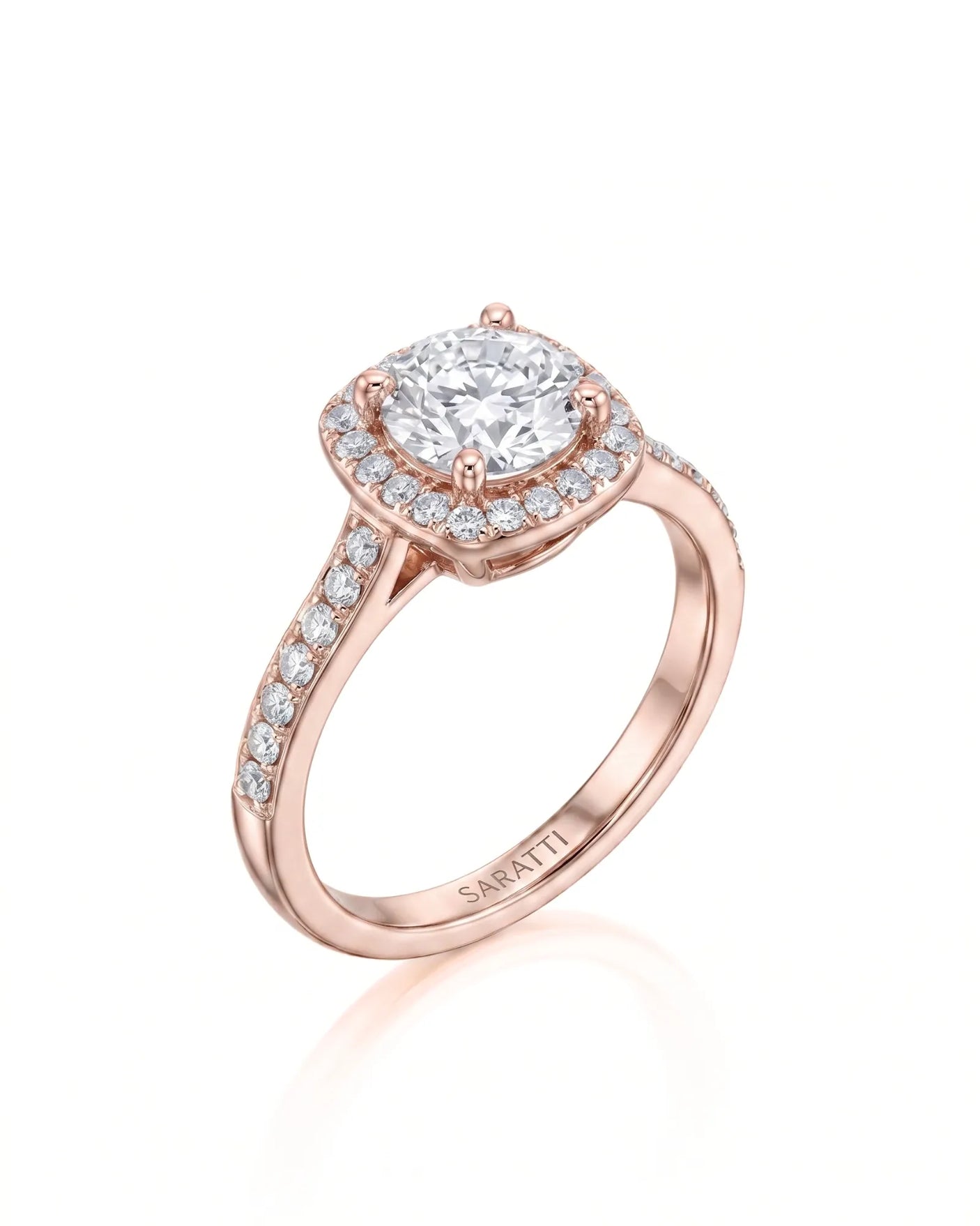 BEA 0.50 carat round natural diamond halo engagement ring in 18K rose gold, 45-degree view | SARATTI
