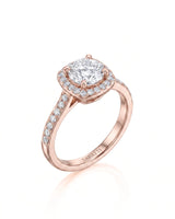 BEA 0.50 carat round natural diamond halo engagement ring in 18K rose gold, 45-degree view | SARATTI