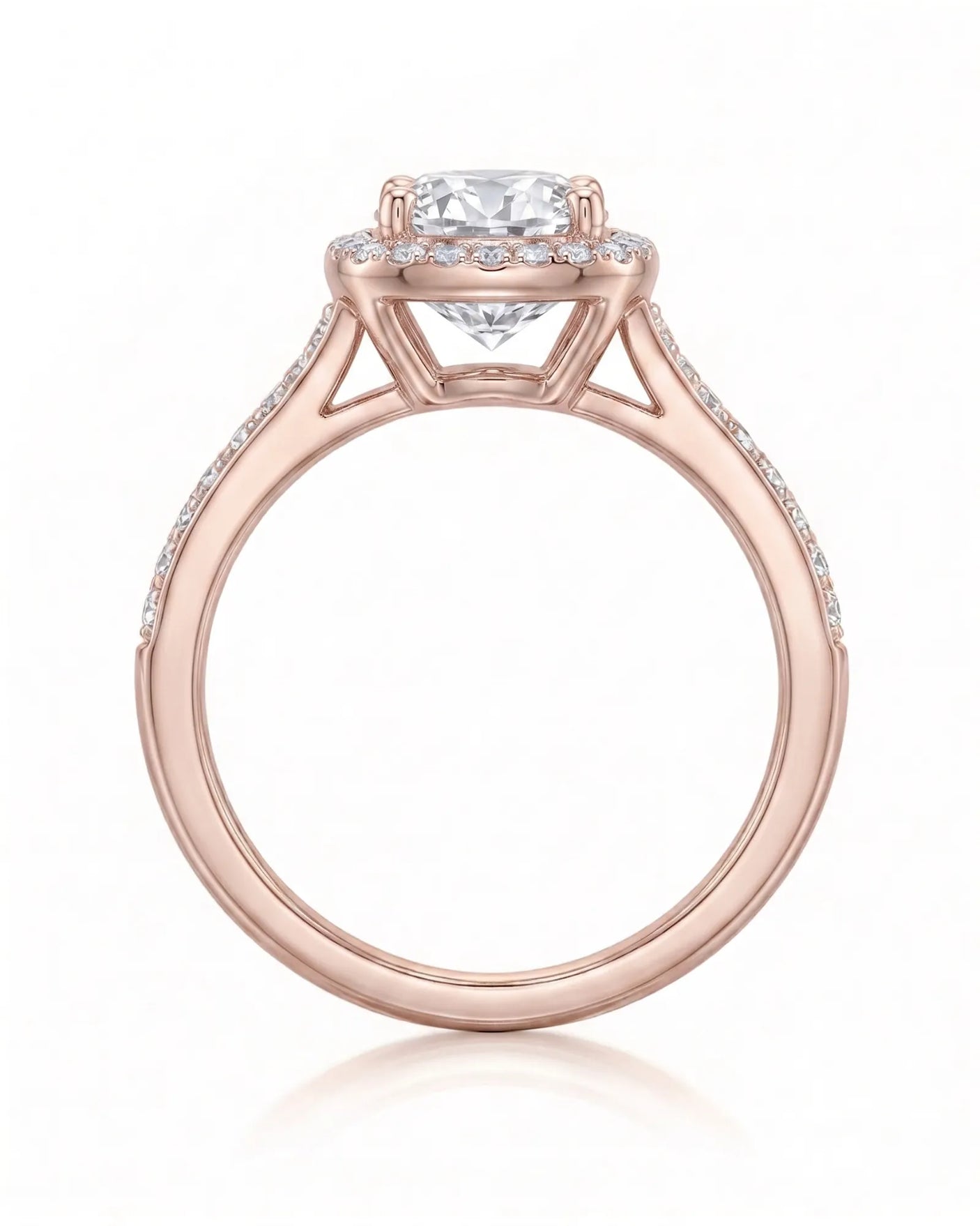 BEA 0.50 carat round natural diamond halo engagement ring in 18K rose gold, side profile showing raised halo basket | SARATTI