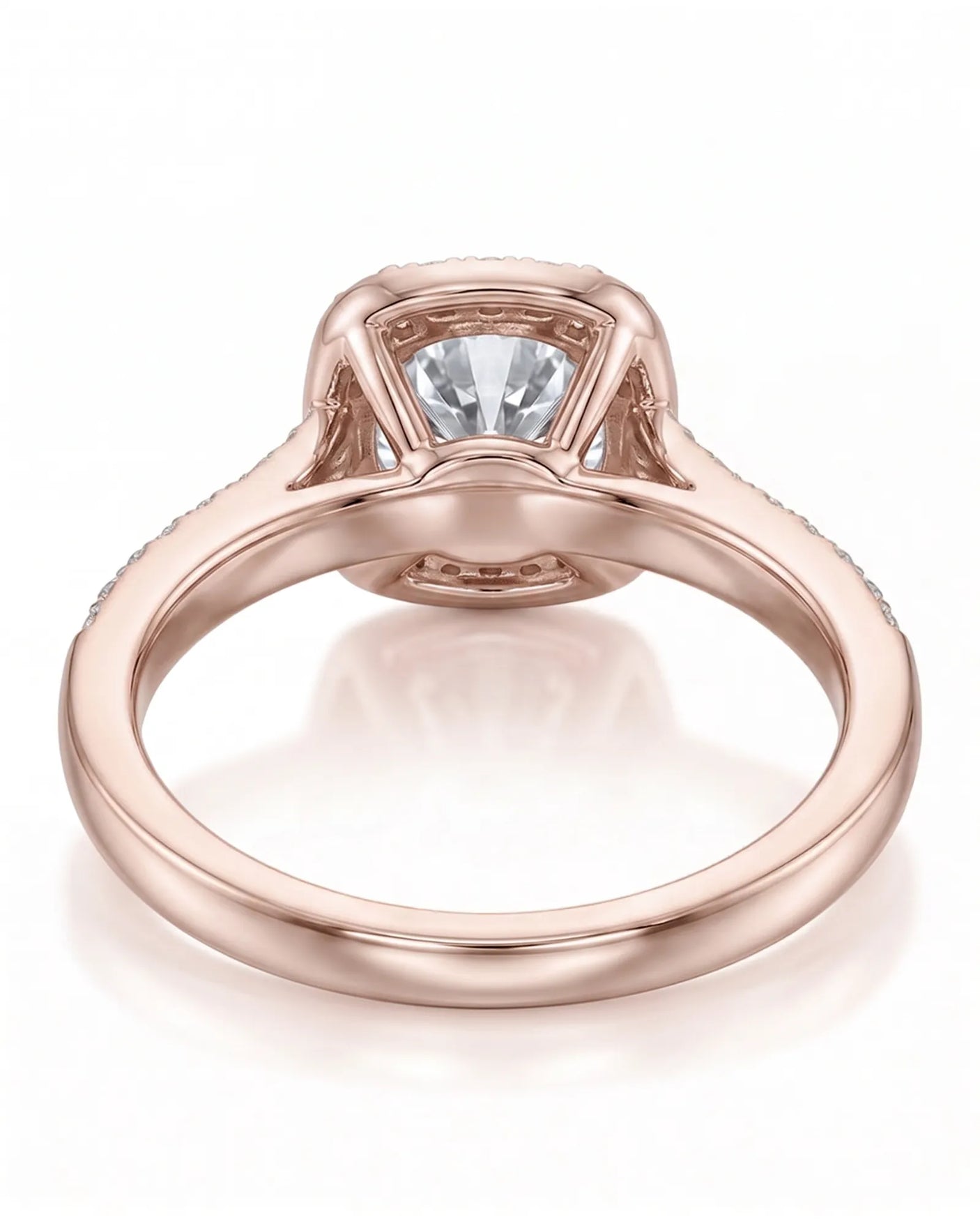 BEA 0.50 carat round natural diamond halo engagement ring in 18K rose gold, underside and open gallery view | SARATTI