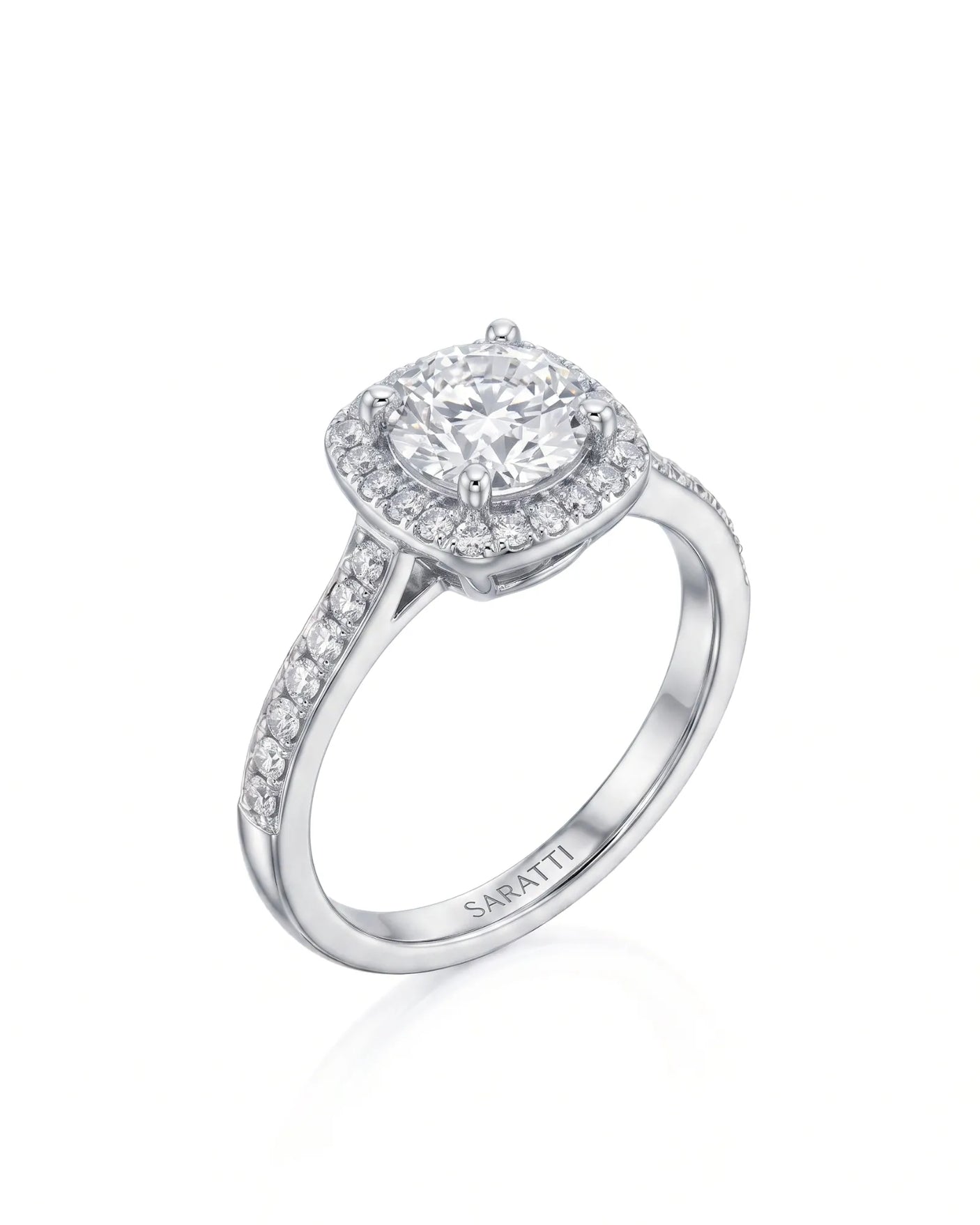BEA 0.50 carat round natural diamond halo engagement ring in 18K white gold, 45-degree view | SARATTI