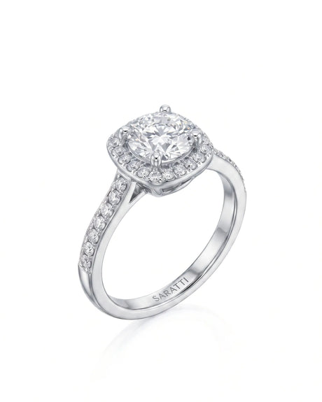 BEA 0.50 carat round natural diamond halo engagement ring in 18K white gold, 45-degree view | SARATTI