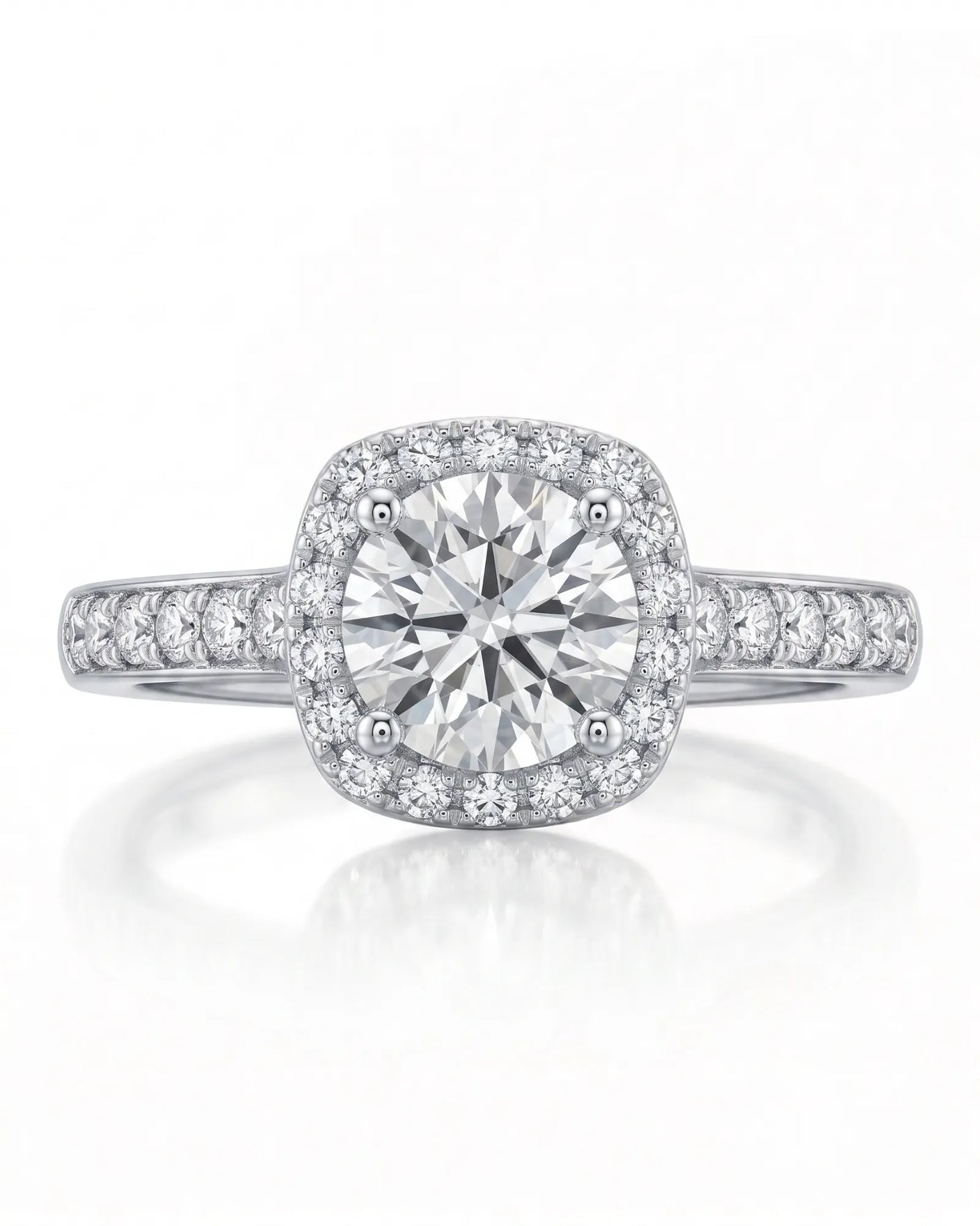 BEA 0.50 carat round natural diamond halo engagement ring in 18K white gold, front view of cushion halo and pavé shoulders | SARATTI