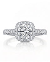 BEA 0.50 carat round natural diamond halo engagement ring in 18K white gold, front view of cushion halo and pavé shoulders | SARATTI