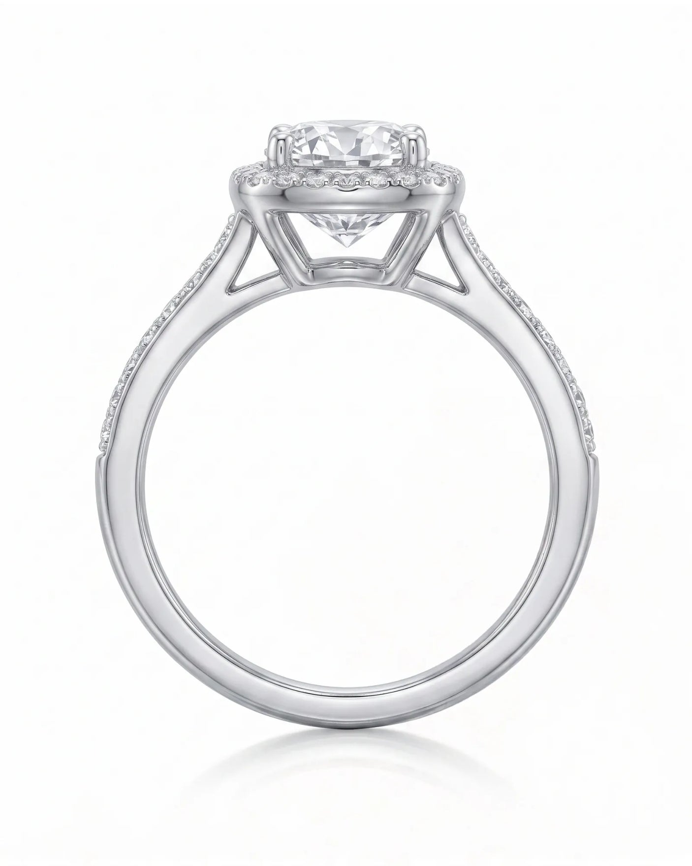 BEA 0.50 carat round natural diamond halo engagement ring in 18K white gold, side profile showing raised halo basket | SARATTI
