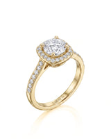 BEA 0.50 carat round natural diamond halo engagement ring in 18K yellow gold, 45-degree view | SARATTI