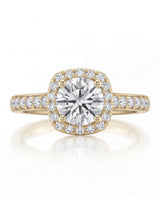 BEA 0.50 carat round natural diamond halo engagement ring in 18K yellow gold, front view of cushion halo and pavé shoulders | SARATTI