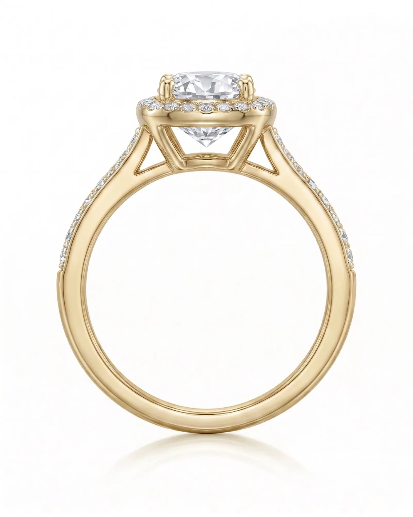 BEA 0.50 carat round natural diamond halo engagement ring in 18K yellow gold, side profile showing raised halo basket | SARATTI