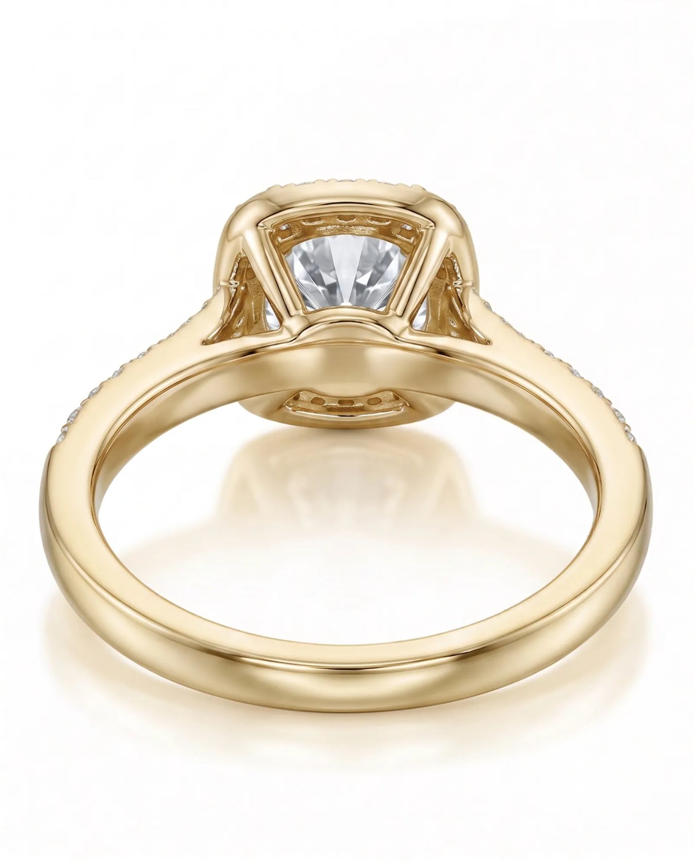BEA 0.50 carat round natural diamond halo engagement ring in 18K yellow gold, underside and open gallery view | SARATTI