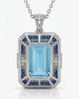 Bleu Meridian emerald-cut Aquamarine necklace setting in Platinum, back view showing open geometric gallery and sapphire frame | SARATTI
