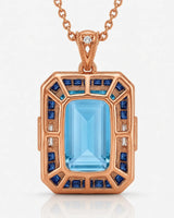Bleu Meridian emerald-cut Aquamarine necklace setting in rose gold, back view showing open geometric gallery and sapphire frame | SARATTI