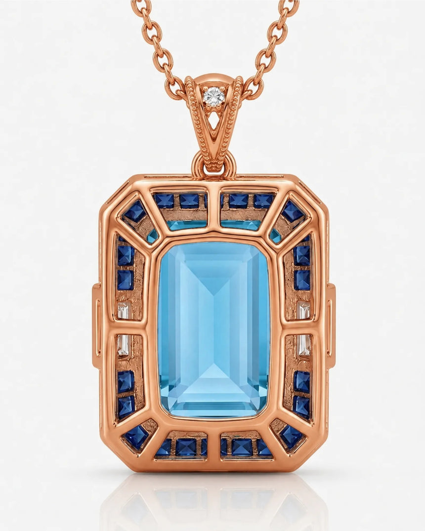 Bleu Meridian emerald-cut Aquamarine necklace setting in rose gold, back view showing open geometric gallery and sapphire frame | SARATTI