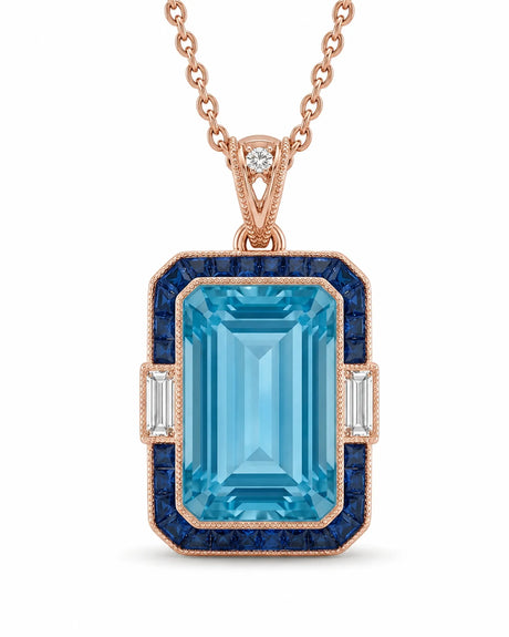 Bleu Meridian emerald-cut Aquamarine sapphire and diamond necklace setting in rose gold, front view | SARATTI