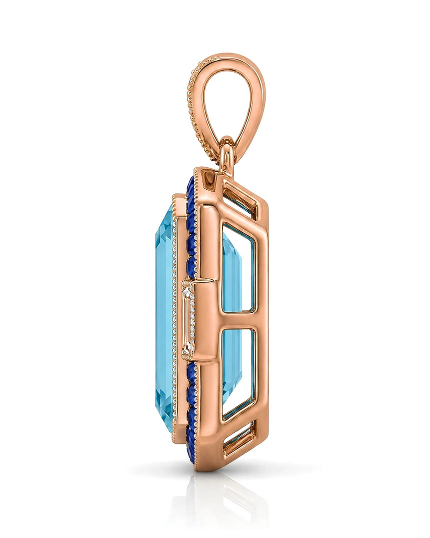 Bleu Meridian emerald-cut Aquamarine necklace setting in rose gold, side profile with open gallery and diamond bail | SARATTI