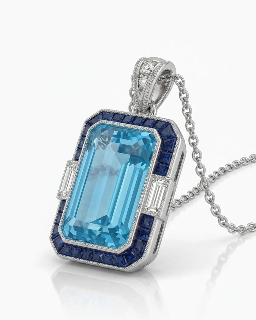 Bleu Meridian emerald-cut Aquamarine sapphire necklace setting in white gold, angled view with baguette diamond side accents | SARATTI
