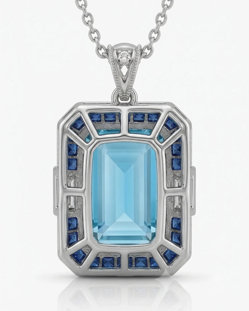 Bleu Meridian emerald-cut Aquamarine necklace setting in white gold, back view showing open geometric gallery and sapphire frame | SARATTI