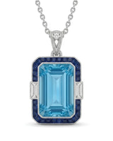 Bleu Meridian emerald-cut Aquamarine sapphire and diamond necklace setting in white gold, front view | SARATTI