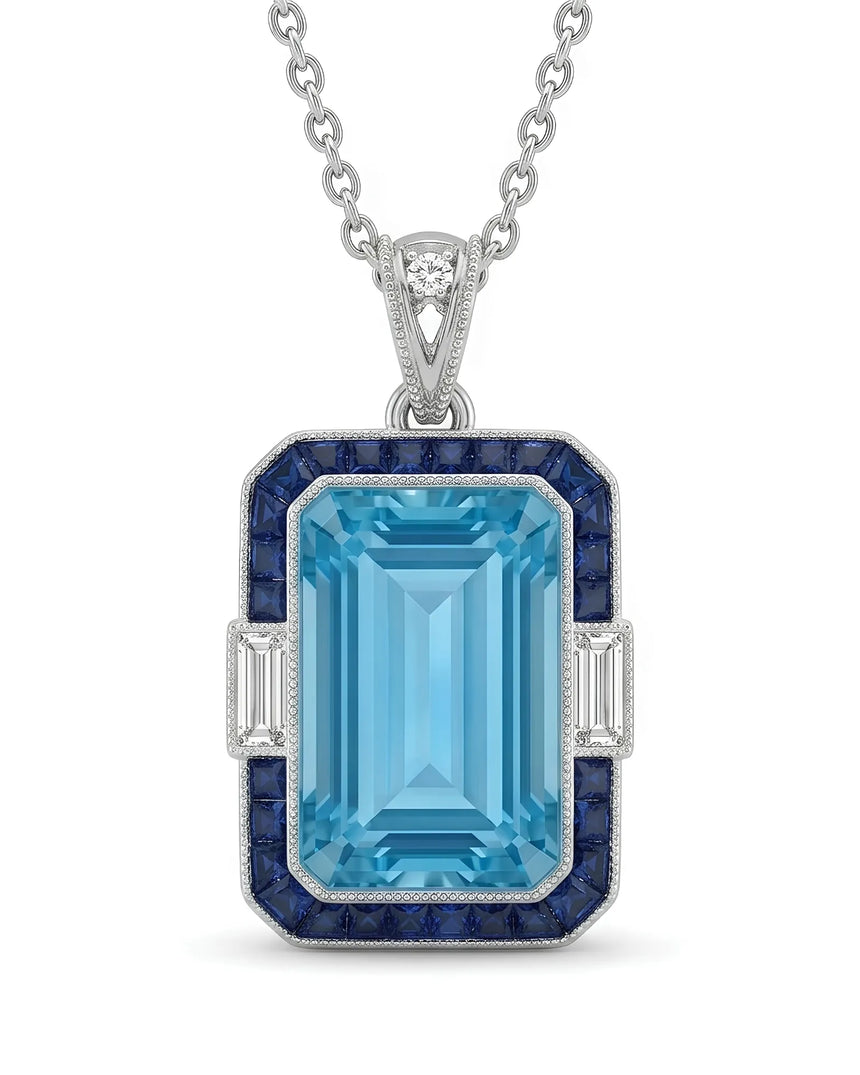 Bleu Meridian emerald-cut Aquamarine sapphire and diamond necklace setting in white gold, front view | SARATTI