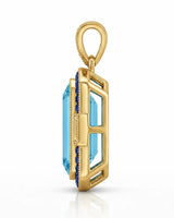 Bleu Meridian emerald-cut Aquamarine necklace setting in yellow gold, side profile with open gallery and diamond bail | SARATTI