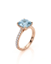 CAELIA cushion cut Aquamarine pavé solitaire ring setting in Rose Gold, 45-degree view | SARATTI