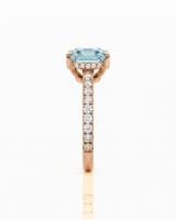 CAELIA cushion cut Aquamarine pavé solitaire ring setting in Rose Gold, side profile | SARATTI