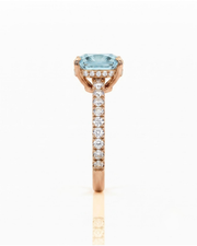 CAELIA cushion cut Aquamarine pavé solitaire ring setting in Rose Gold, side profile | SARATTI