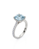 CAELIA cushion cut Aquamarine pavé solitaire ring setting in White Gold, 45-degree view | SARATTI